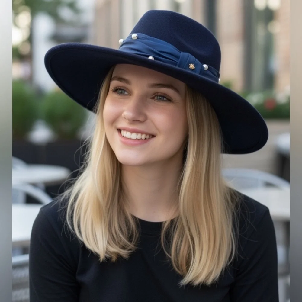 NWT Lele Sadoughi Wool Pearl Detail Navy Rancher Hat